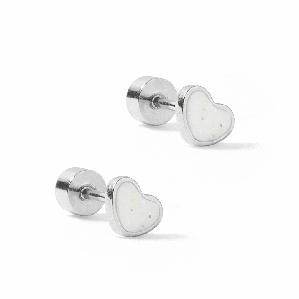 Screwback Stud Earrings - Nora Heart White Silver